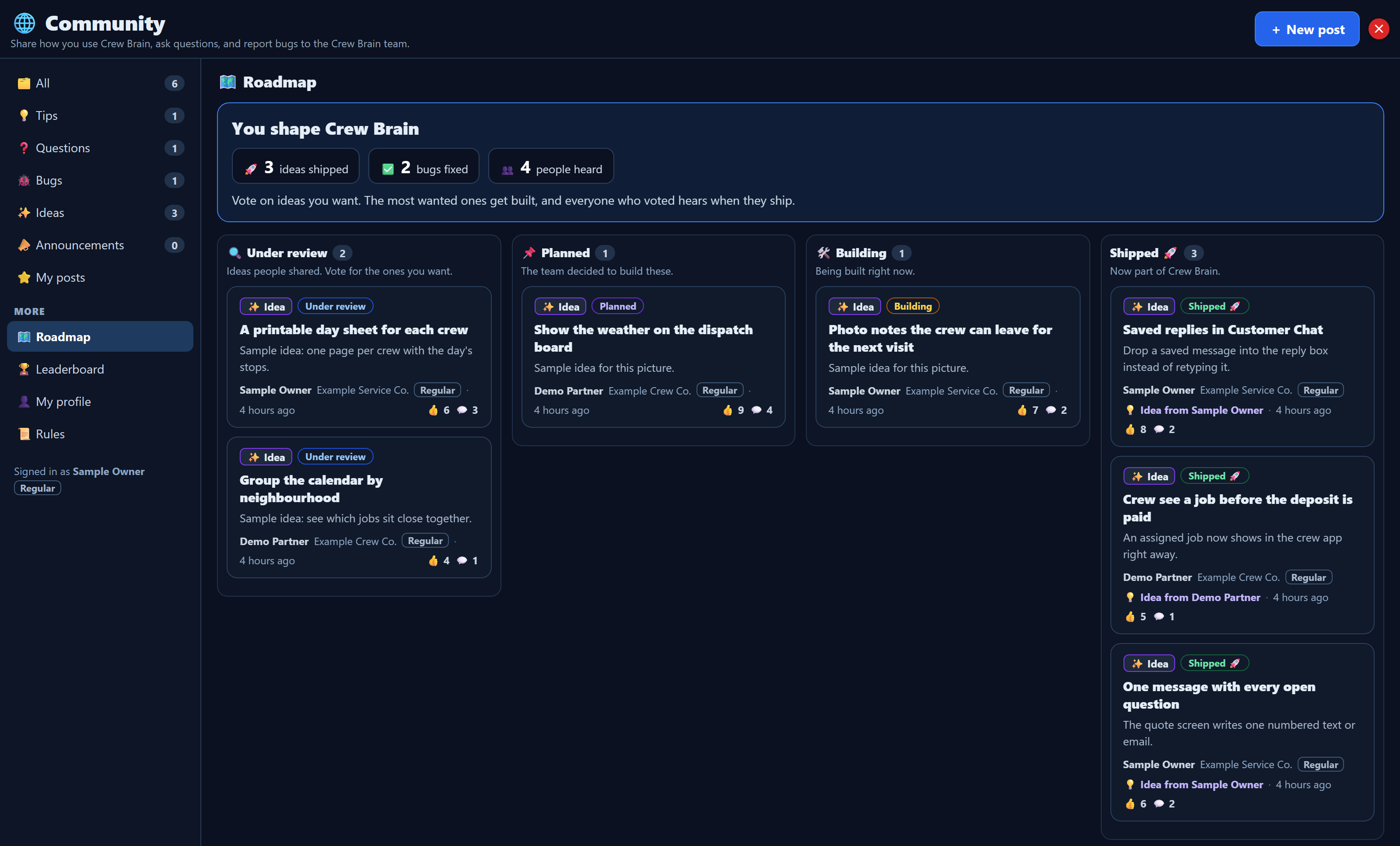 CrewBrain Community Roadmap with Under review, Planned, Building and Shipped columns of sample ideas