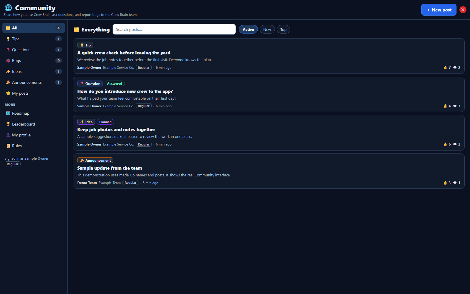 CrewBrain Community feed showing sample tips, questions, ideas and an announcement