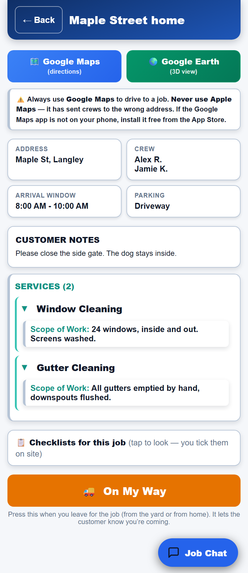 CrewBrain crew app showing a sample job with address, crew, arrival window, customer notes, services and an On My Way button