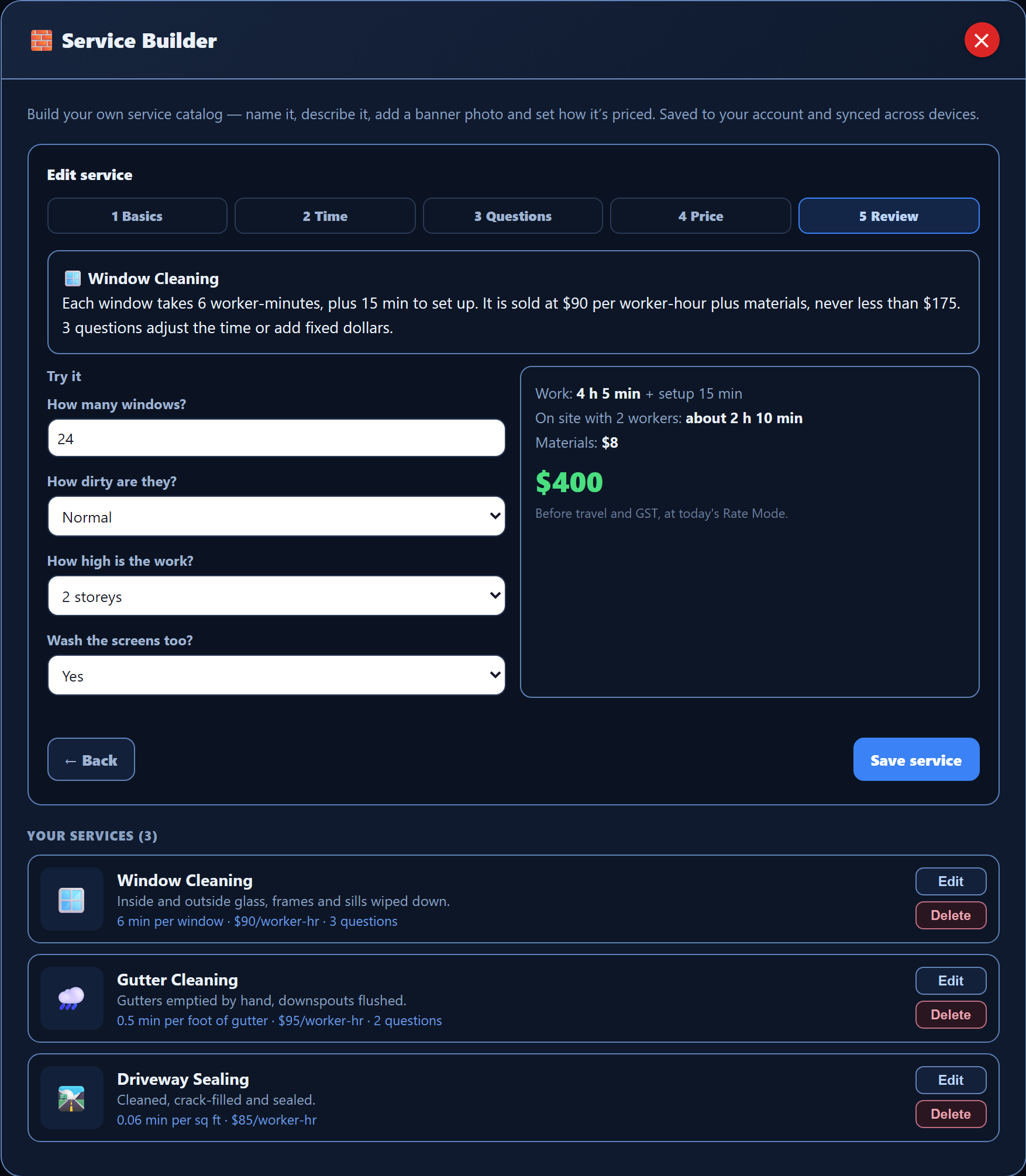 CrewBrain Service Builder on the Review step for a sample window cleaning service, with Try it answers and a $400 price